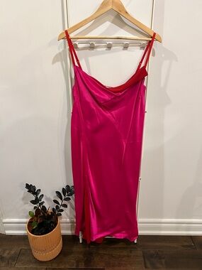 Acne Studios Dasa Satin Layered Midi Dress in Fuchsia Pink & Red